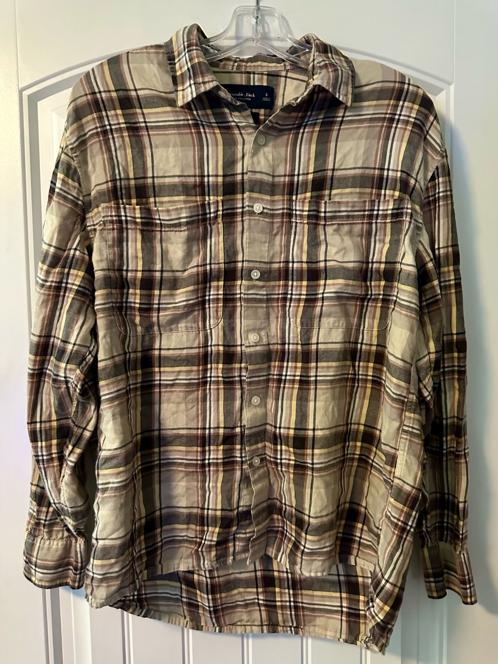 Abercrombie & Fitch Soft Button Down Tan Brown Neutral Plaid Button-Up Shirt S
